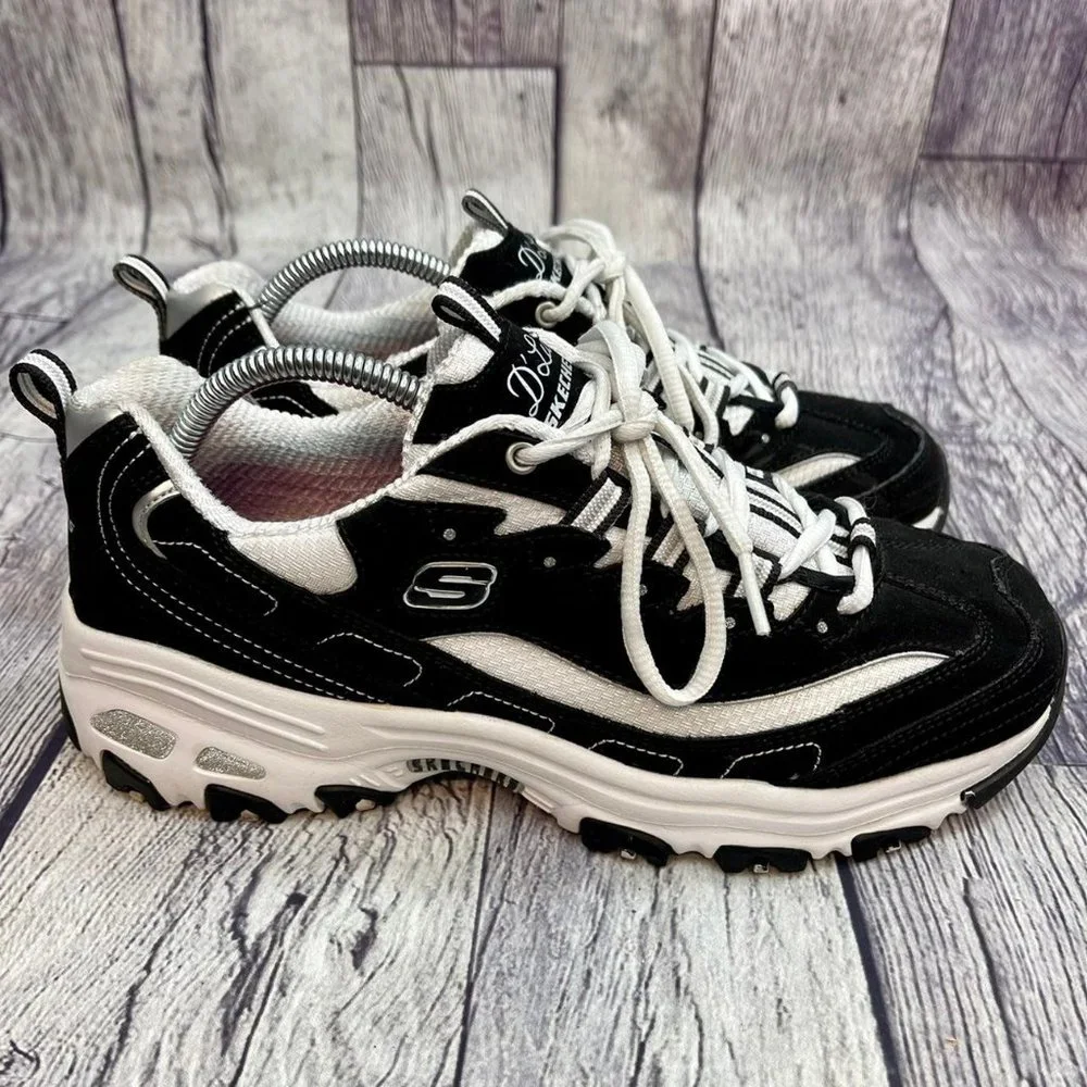 Skechers D'Lites Biggest Fan Women's Size 9 Black White Lightweight Shoes